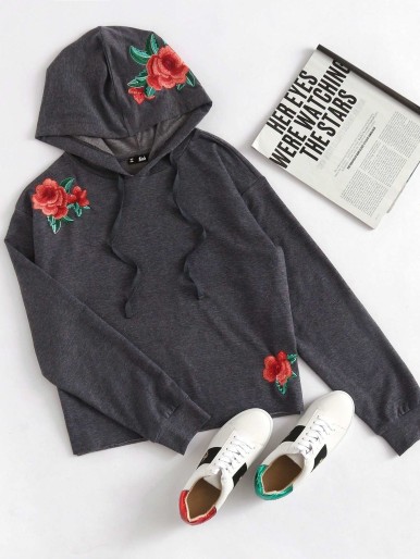 Rose Embroidered Heather Knit Hoodie