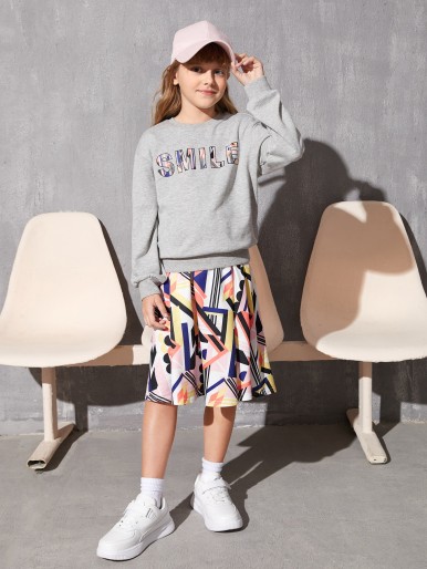 SHEIN Girls Letter Graphic Drop Shoulder Pullover & Geo Print Skirt