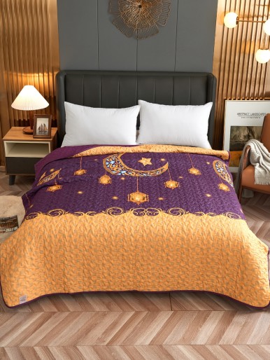 A golden and burgundy bedspread with a crescent print bed cover