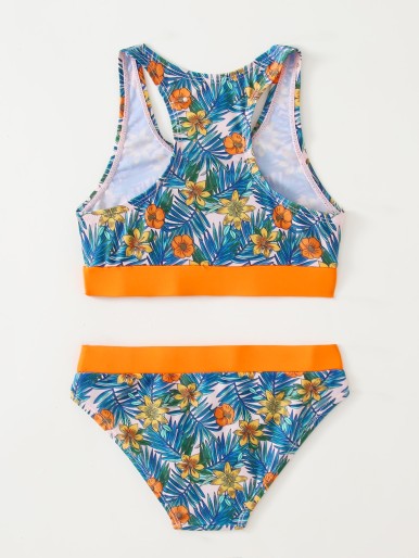 Two-piece swimsuit with a matt orange stripe