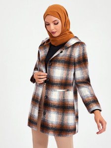 SHEIN Tartan Print Dual Pocket Hooded Coat