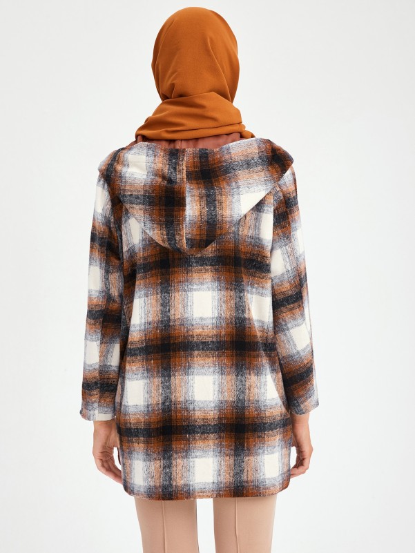 SHEIN Tartan Print Dual Pocket Hooded Coat