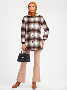 SHEIN Tartan Print Dual Pocket Hooded Coat