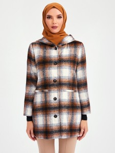 SHEIN Tartan Print Dual Pocket Hooded Coat