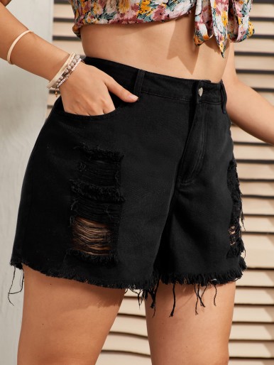 Plus Ripped Raw Hem Denim Shorts