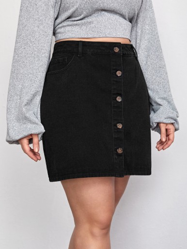Plus Solid Button Up Denim Skirt