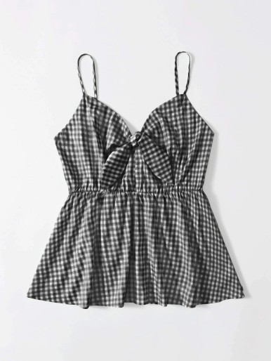 Plus Knot Front Gingham Cami Top