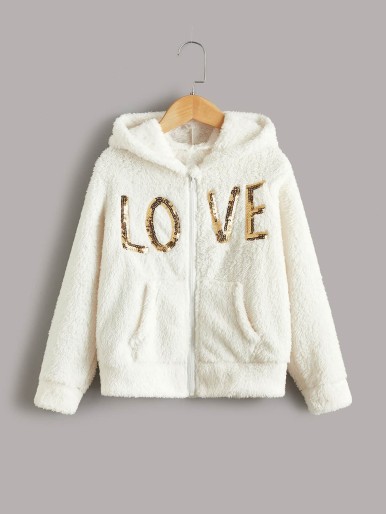 Girls Sequins Letter Graphic Hooded Teddy Jacket