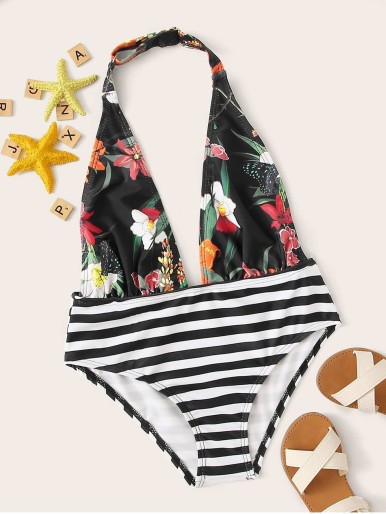 Girls Striped & Flower Print Halter One Piece Swim