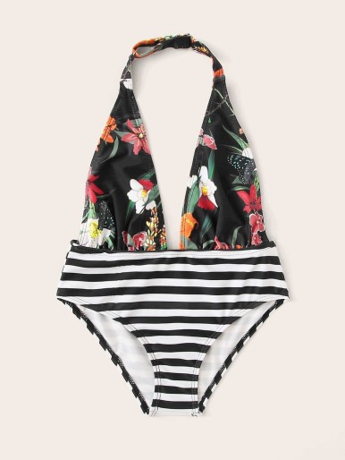 Girls Striped & Flower Print Halter One Piece Swim