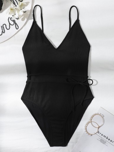 Rib Tie Front One Piece Swimsuit