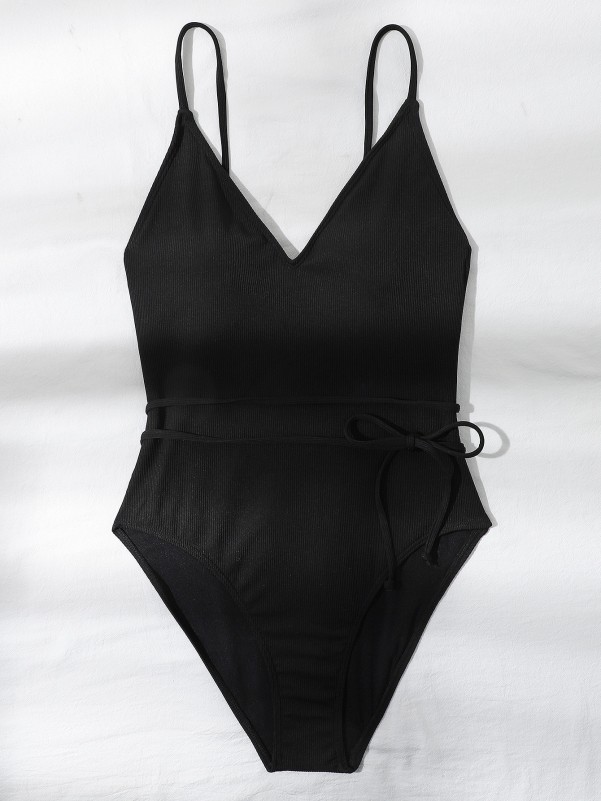 Rib Tie Front One Piece Swimsuit