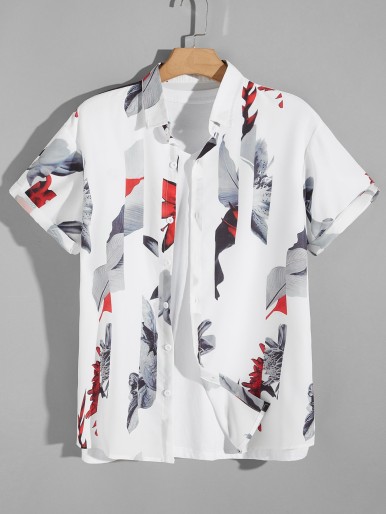 Men Flower Print Button Through Shirt