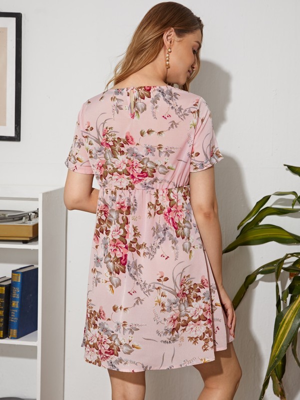 Maternity Keyhole Back Floral Print Dress