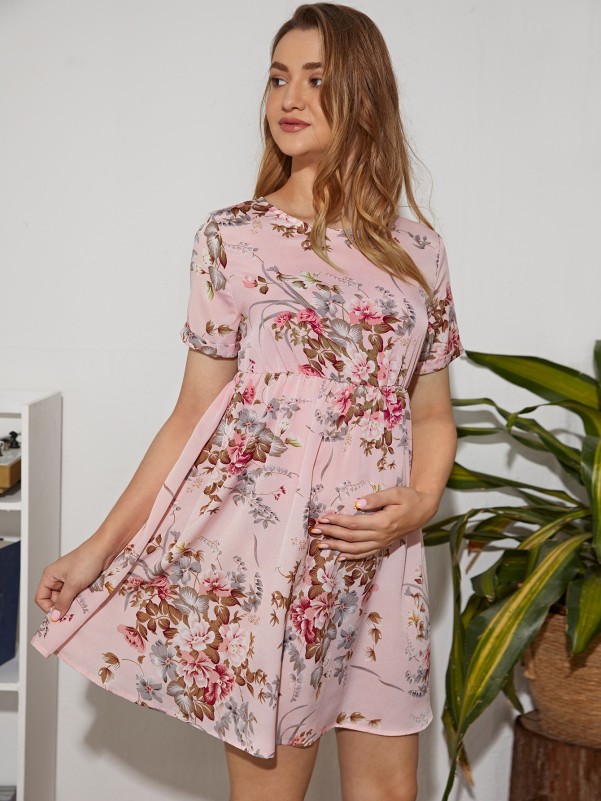 Maternity Keyhole Back Floral Print Dress