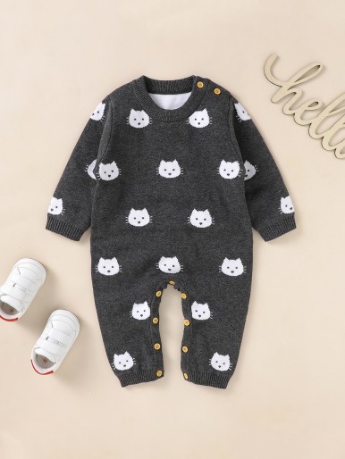 Baby Cat Pattern Knit Jumpsuit