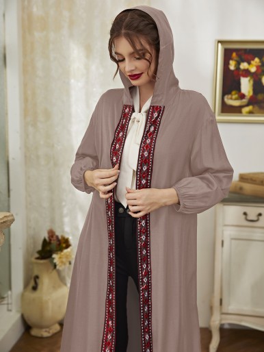 Contrast Geo Embroidery Tape Hooded Open Front Abaya