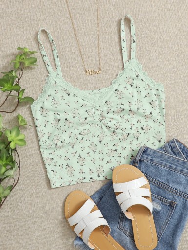 Plus Contrast Lace Ruched Ditsy Floral Cami Top