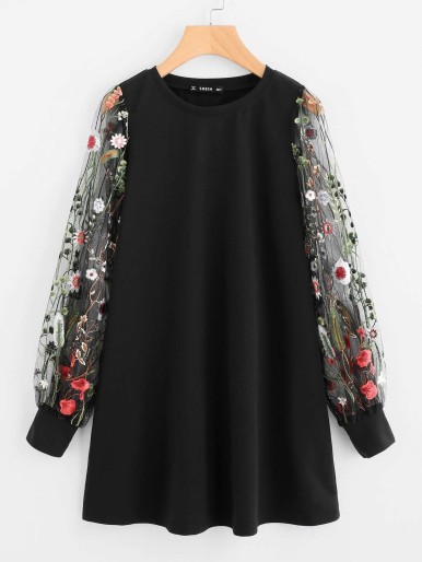 Botanical Embroidered Mesh Sleeve Longline Pullover