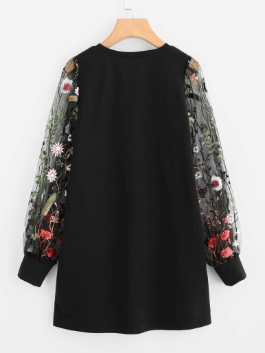 Botanical Embroidered Mesh Sleeve Longline Pullover