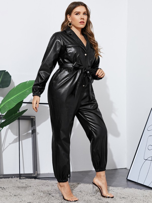 Plus Self Belted Pocket Front PU Leather Shirt Jumpsuit