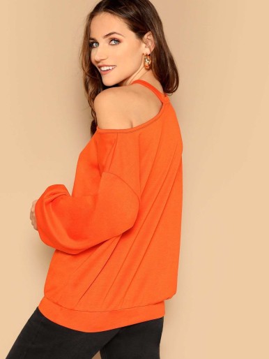 Neon Orange Cut Out Shoulder Sweatshirt