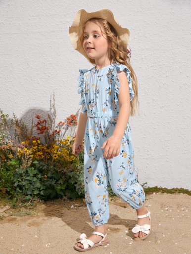 Toddler Girls Ruffle Trim Floral Print Jumpsuit