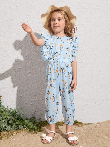 Toddler Girls Ruffle Trim Floral Print Jumpsuit