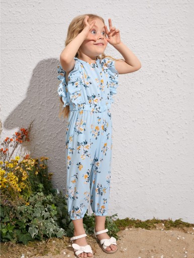 Toddler Girls Ruffle Trim Floral Print Jumpsuit