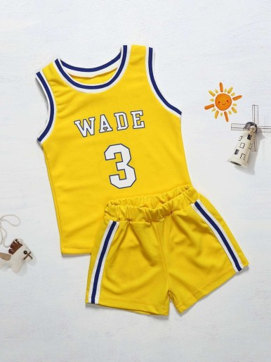 Toddler Boys Contrast Binding Letter Print Tank Top With Track Shorts