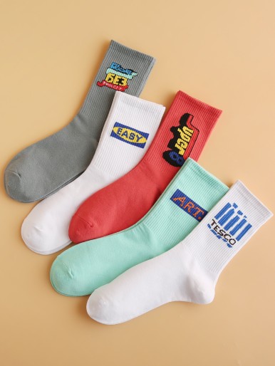 5pairs Men Letter Graphic Socks