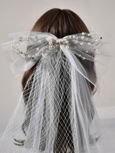 Faux Pearl Decor Mesh Bow Hair Clip