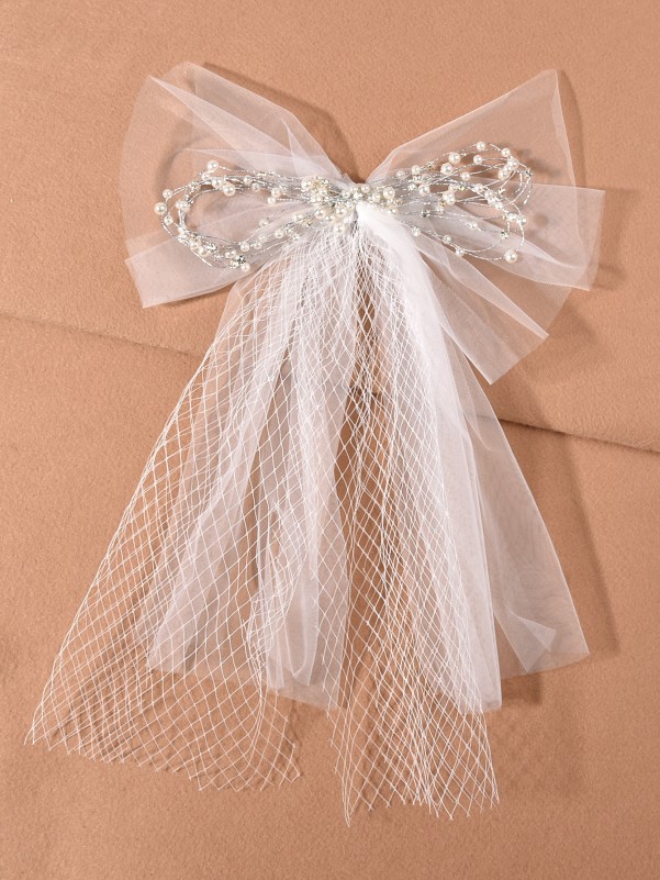 Faux Pearl Decor Mesh Bow Hair Clip