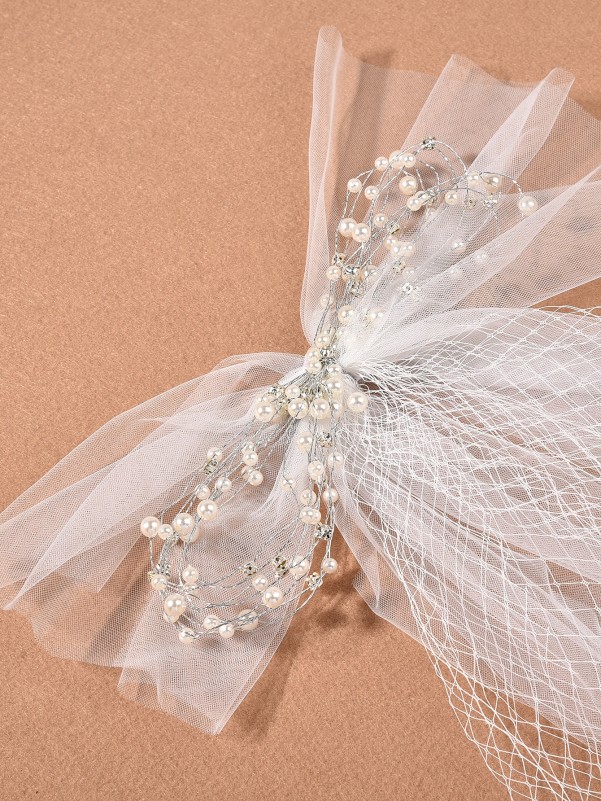 Faux Pearl Decor Mesh Bow Hair Clip