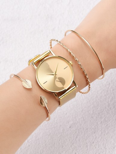 1pc Round Pointer Quartz Watch & 3pcs Bracelet