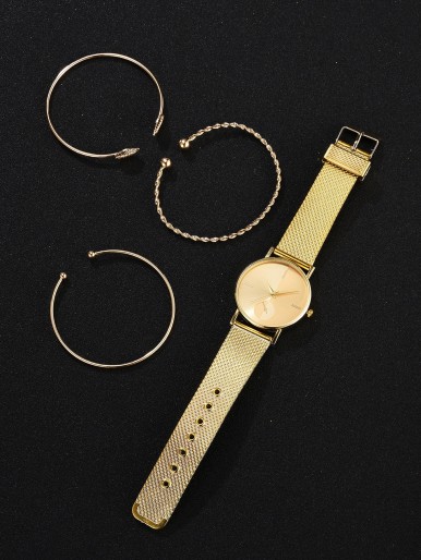 1pc Round Pointer Quartz Watch & 3pcs Bracelet