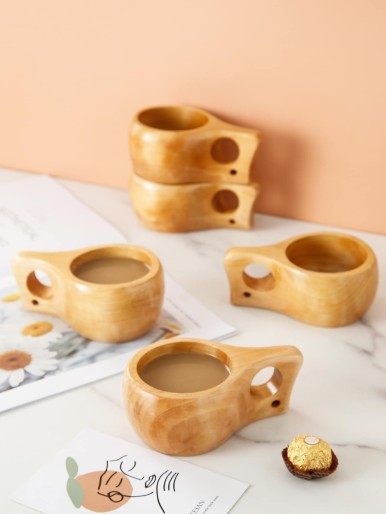 1pc Wooden Tea Cup With Handle