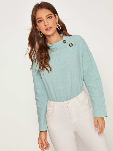 Mock Neck Button Side Solid Blouse