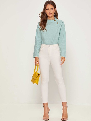 Mock Neck Button Side Solid Blouse