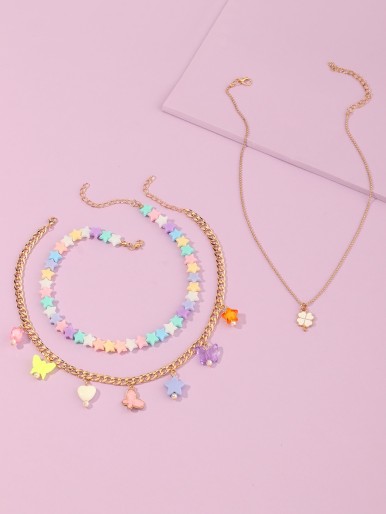 3pcs Toddler Girls Star & Butterfly Charm Necklace
