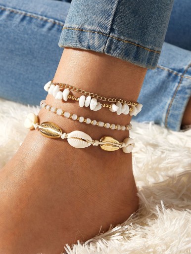 4pcs Shell & Bead Decor Anklet Set