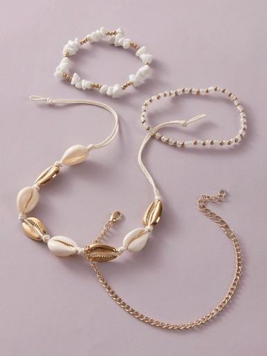 4pcs Shell & Bead Decor Anklet Set