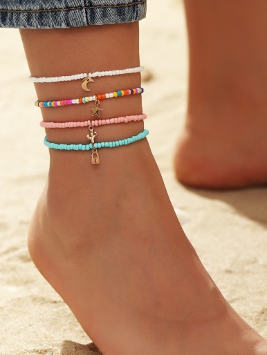 4pcs Moon & Star Charm Beaded Anklet