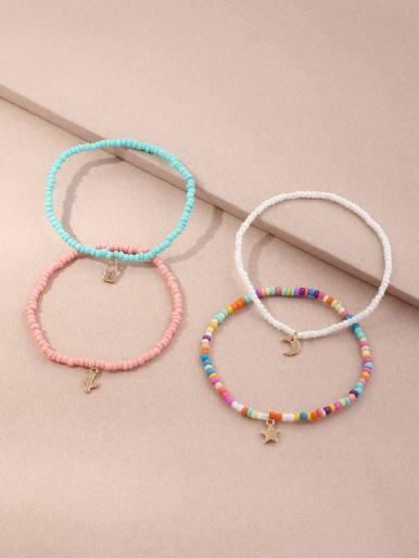 4pcs Moon & Star Charm Beaded Anklet