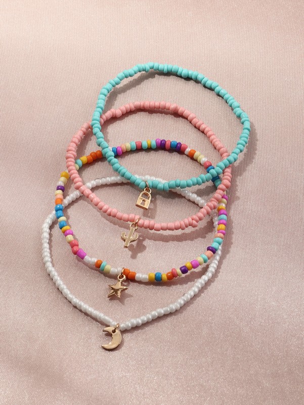 4pcs Moon & Star Charm Beaded Anklet