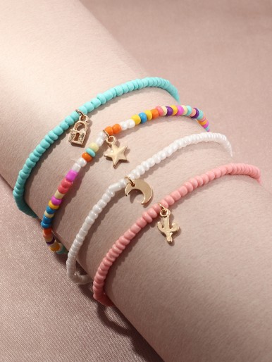 4pcs Moon & Star Charm Beaded Anklet