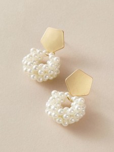 1pair Metallic Geometric Decor Faux Pearl Beaded Drop Earrings