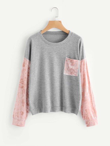 Contrast Crushed Velvet Sleeve Marled Pullover