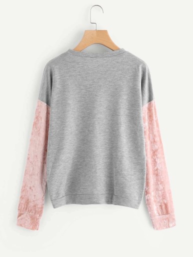 Contrast Crushed Velvet Sleeve Marled Pullover