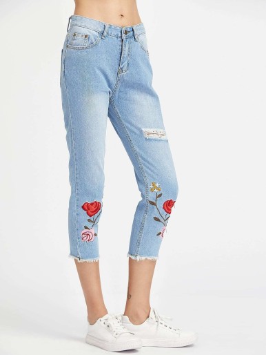 Embroidered Ripped Frayed Hem Cropped Jeans